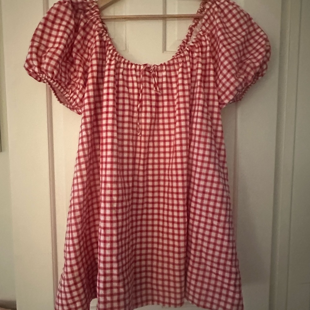 Red and White Gingham Puff Sleeve Peasant dress